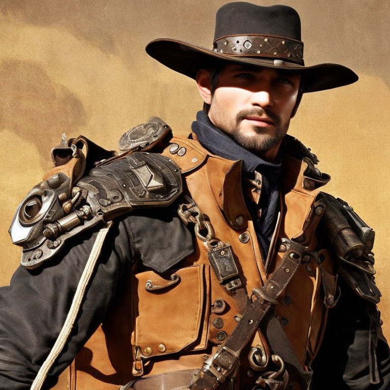 Steampunk-themed person in leather outfit against golden backdrop