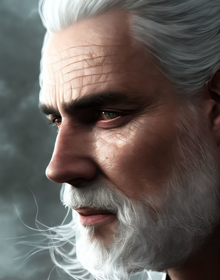 Elderly man with white hair, beard, and intense eyes