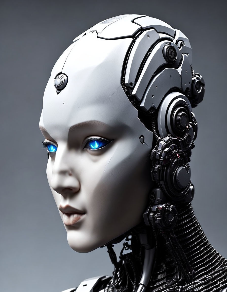 Detailed humanoid robot head with blue eyes and mechanical design