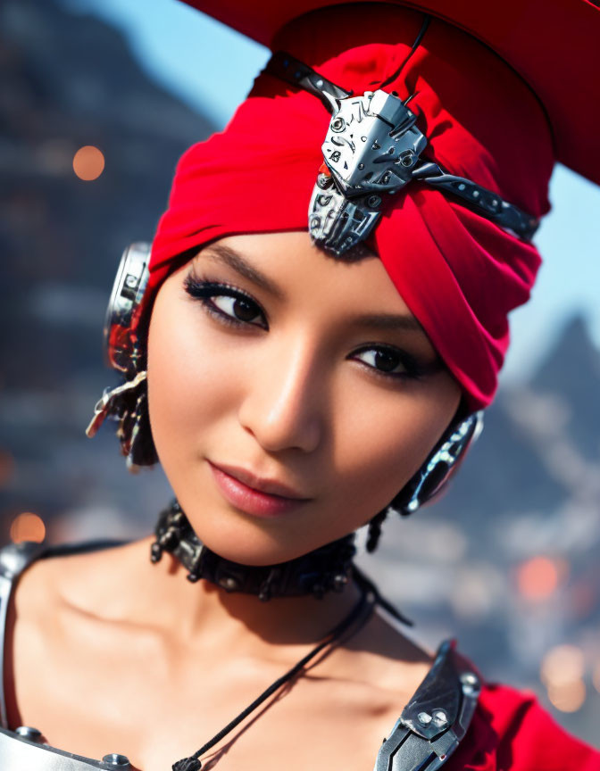 Portrait of woman with cybernetic enhancements in red headscarf and futuristic earrings against urban backdrop.