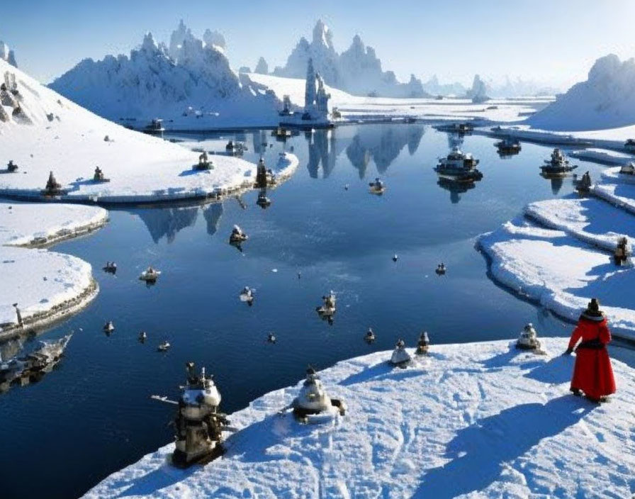 Person in Red Coat Observing Snowy Landscape with Mountains, River, and Boats