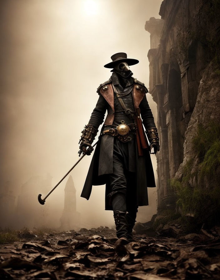 Mysterious figure in black plague doctor outfit with beaked mask in misty alley