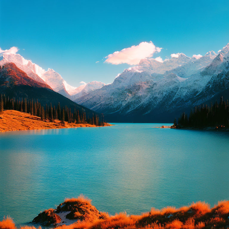 Turquoise Lake, Golden Trees, Snow-Capped Mountains - Scenic Landscape View