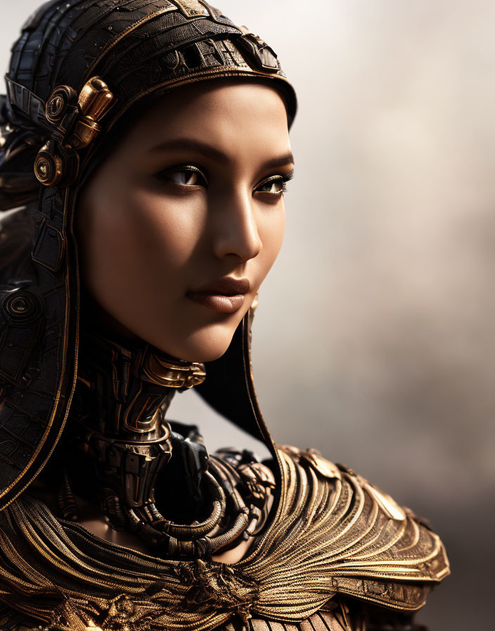 Close-up of woman in intricate metallic armor gazing sideways on blurred background