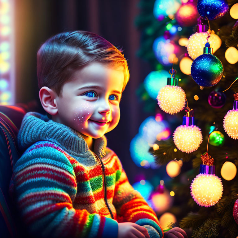 Young boy in colorful sweater admiring Christmas tree with glowing ornaments