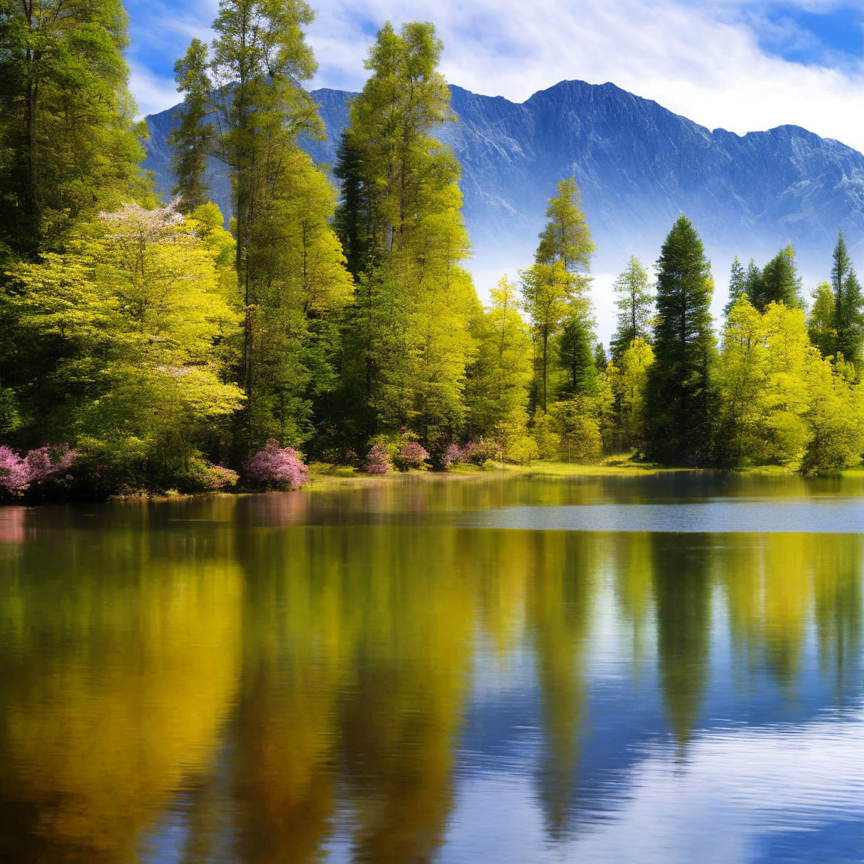 Tranquil lake with vibrant tree reflection, clear sky, and towering mountains