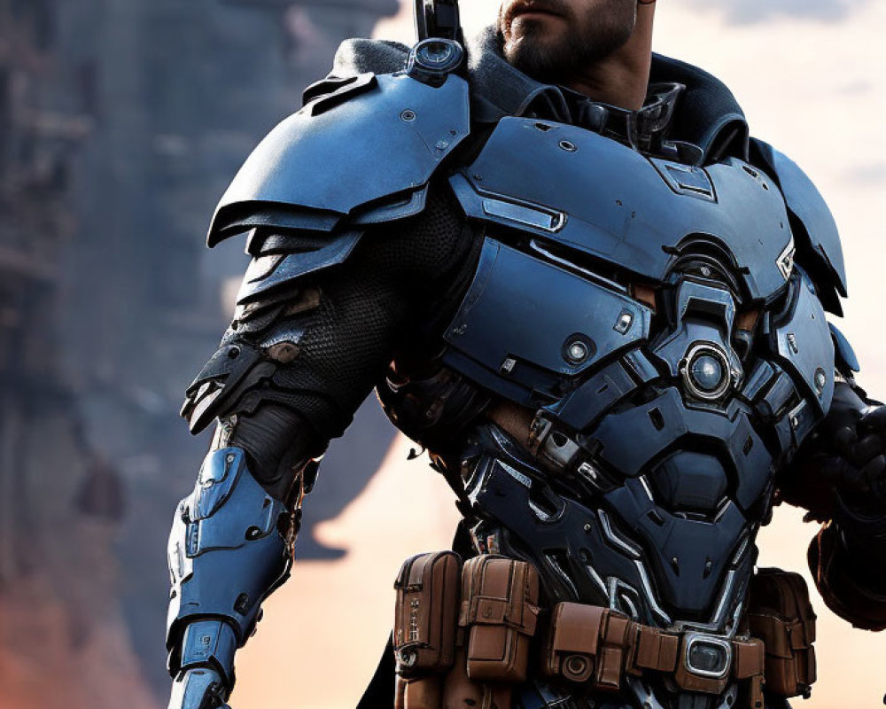 Bearded man in futuristic blue armor with mechanical arm in rocky landscape at dusk