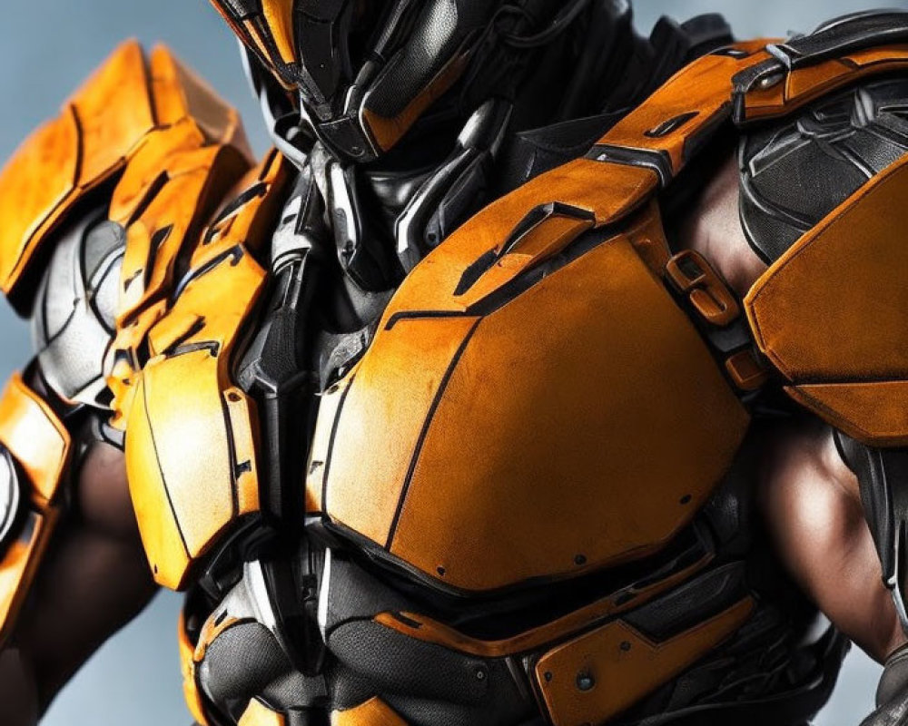 Detailed Close-Up of Person in Elaborate Black and Orange Robotic Armor