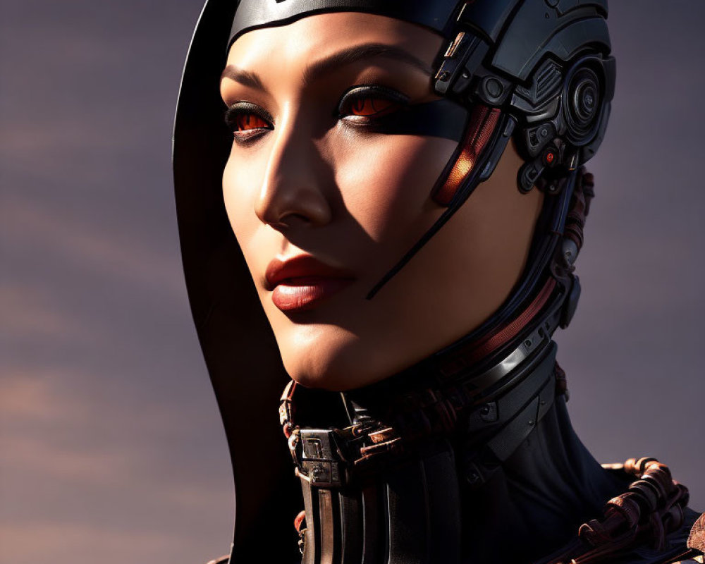 Female-Looking Robot in Futuristic Armor Against Dusky Sky