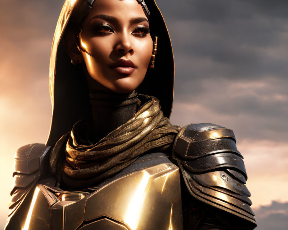 Futuristic armor-clad woman with hood in dramatic sky scene