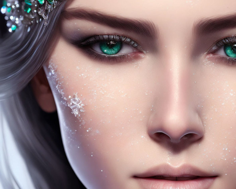 Fantasy character with green eyes, snowflake details, jewel tiara