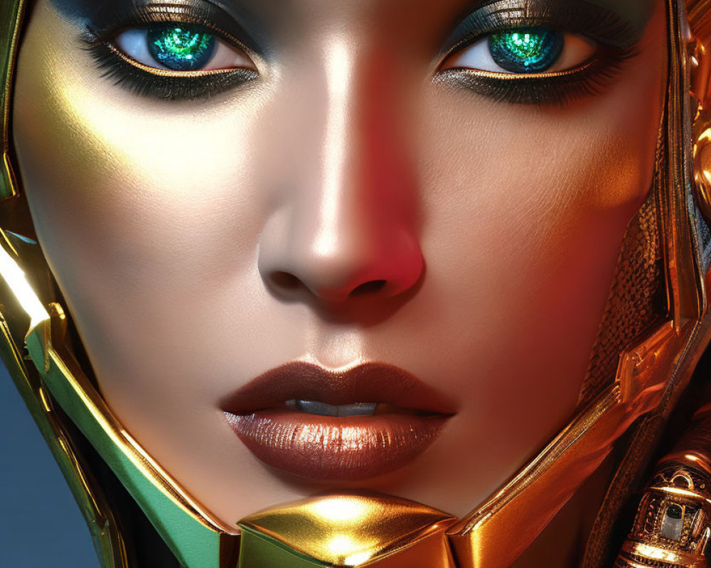 Person with Metallic Gold Headwear and Striking Blue Eyes in Futuristic Makeup