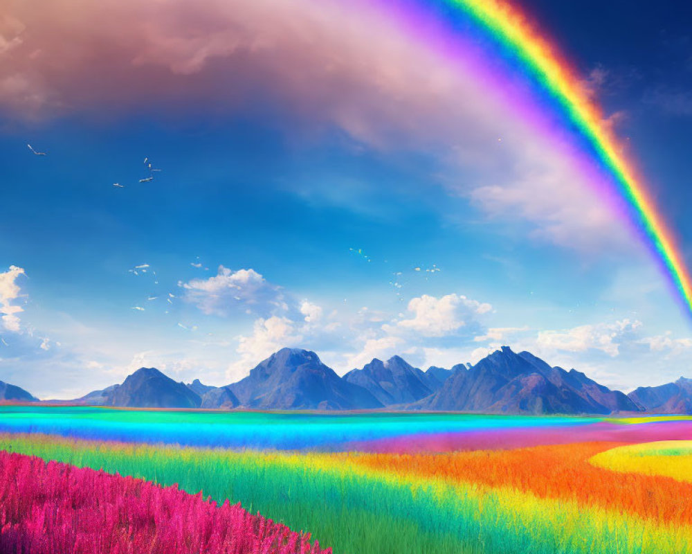 Colorful Rainbow Over Flower Field and Mountains Under Blue Sky