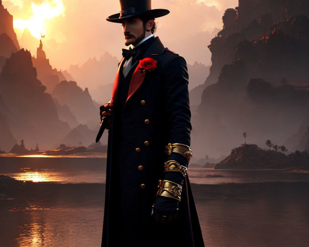 Victorian man in top hat with red rose against sunset and rocky backdrop