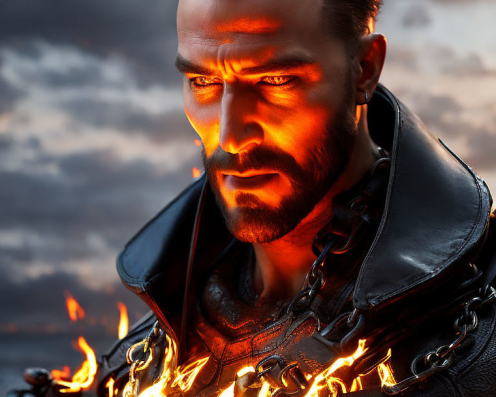 Bearded man in leather armor emits flames against twilight sky