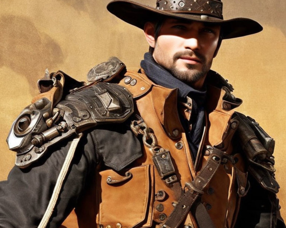 Steampunk-themed person in leather outfit against golden backdrop