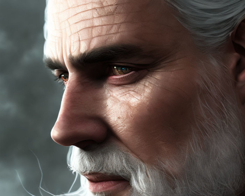 Elderly man with white hair, beard, and intense eyes