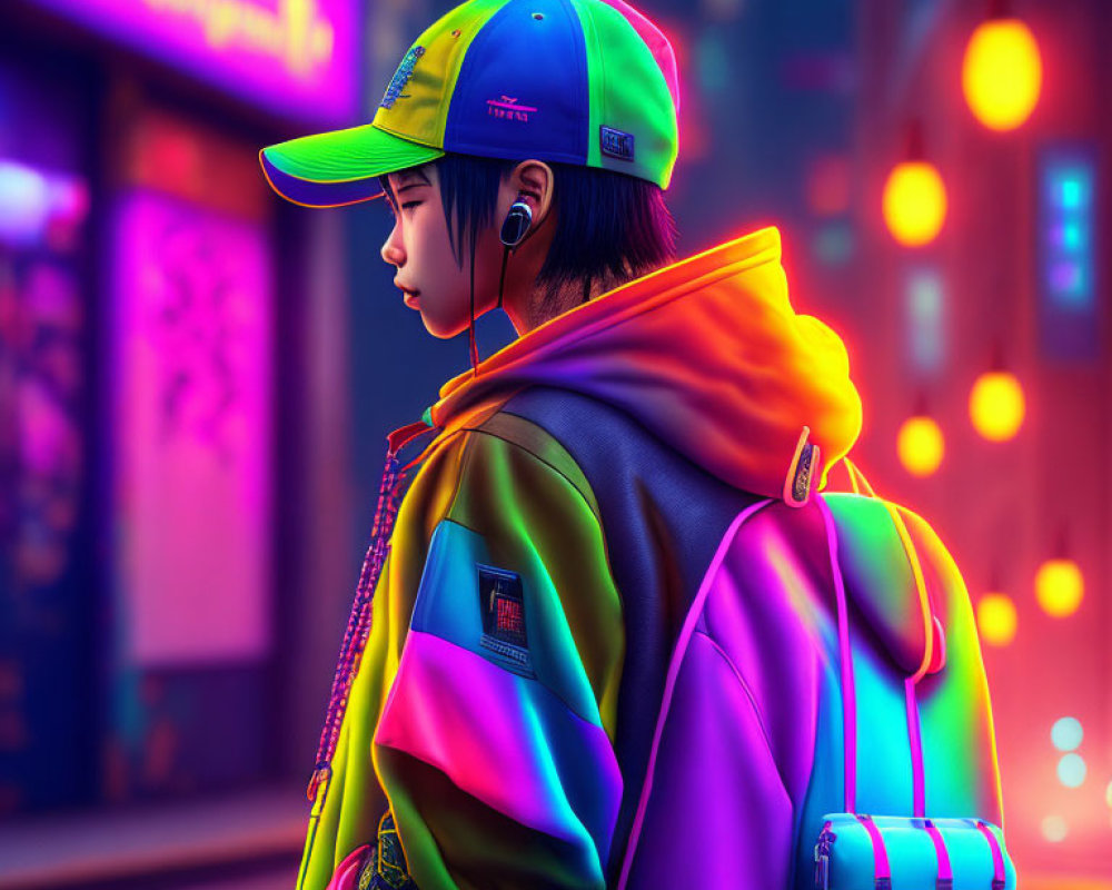 Vibrant person in colorful jacket and cap on city street at night