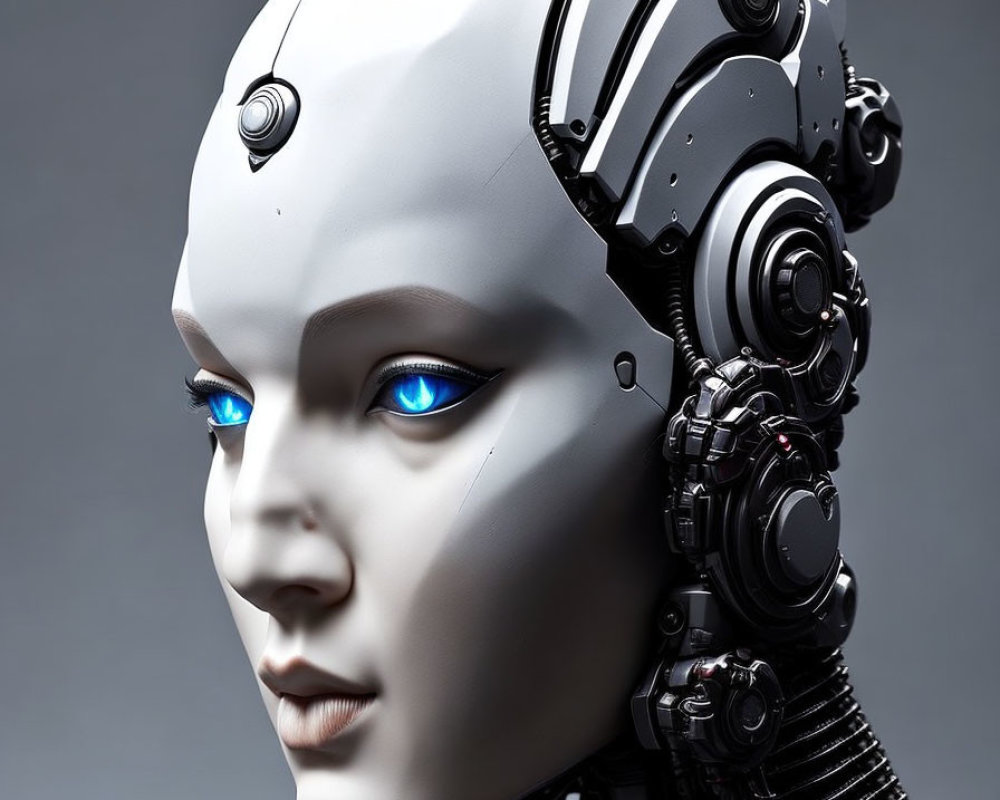 Detailed humanoid robot head with blue eyes and mechanical design