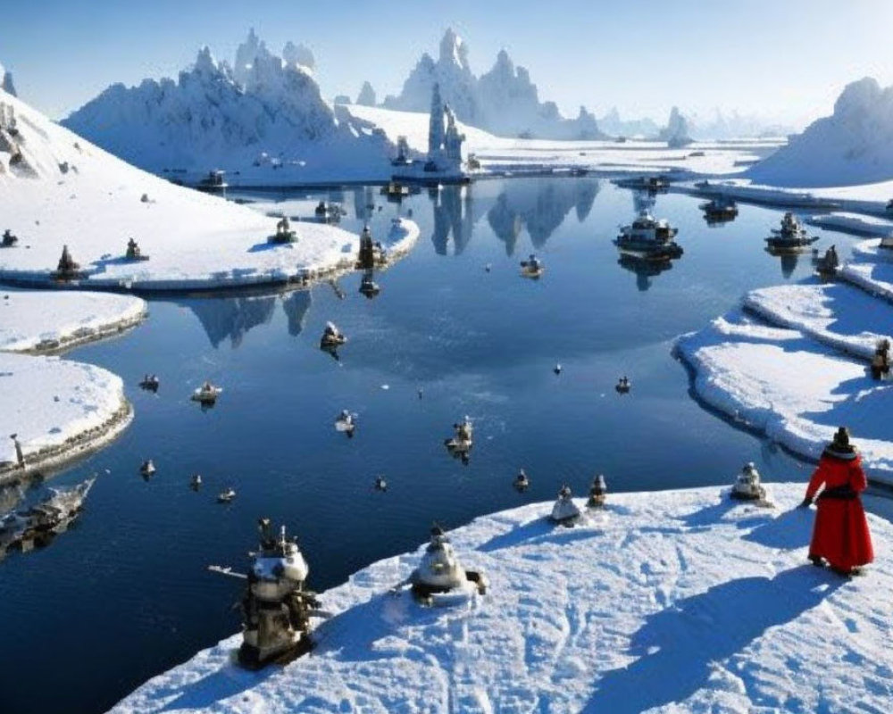 Person in Red Coat Observing Snowy Landscape with Mountains, River, and Boats