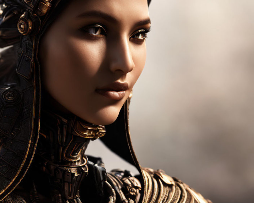 Close-up of woman in intricate metallic armor gazing sideways on blurred background