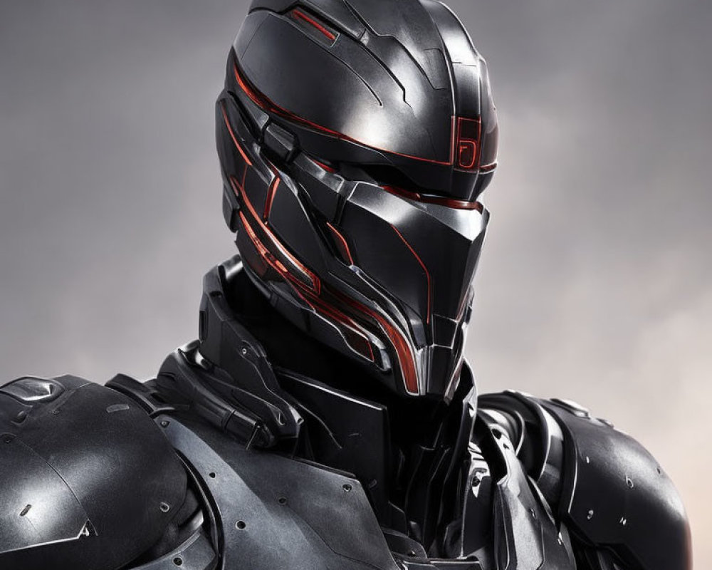 Futuristic black armored suit with red glowing accents on stormy sky backdrop