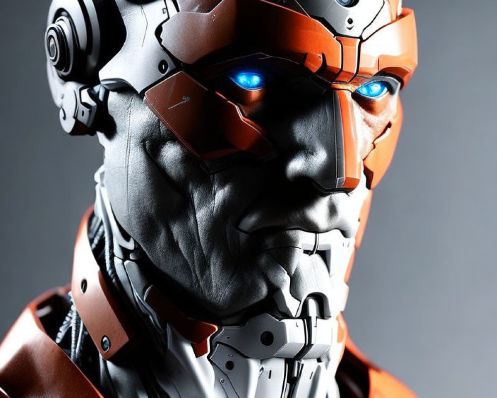 Cyborg with human-like face and blue glowing eyes in orange suit