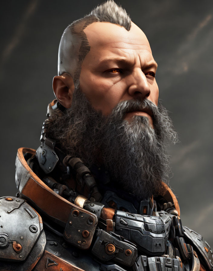 Digital artwork: Stern man with mohawk, full beard, armored suit on dark background