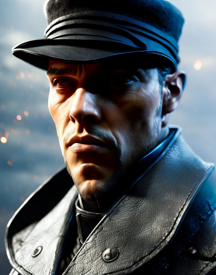 Serious male figure in military-style cap and leather jacket with striking blue eyes.