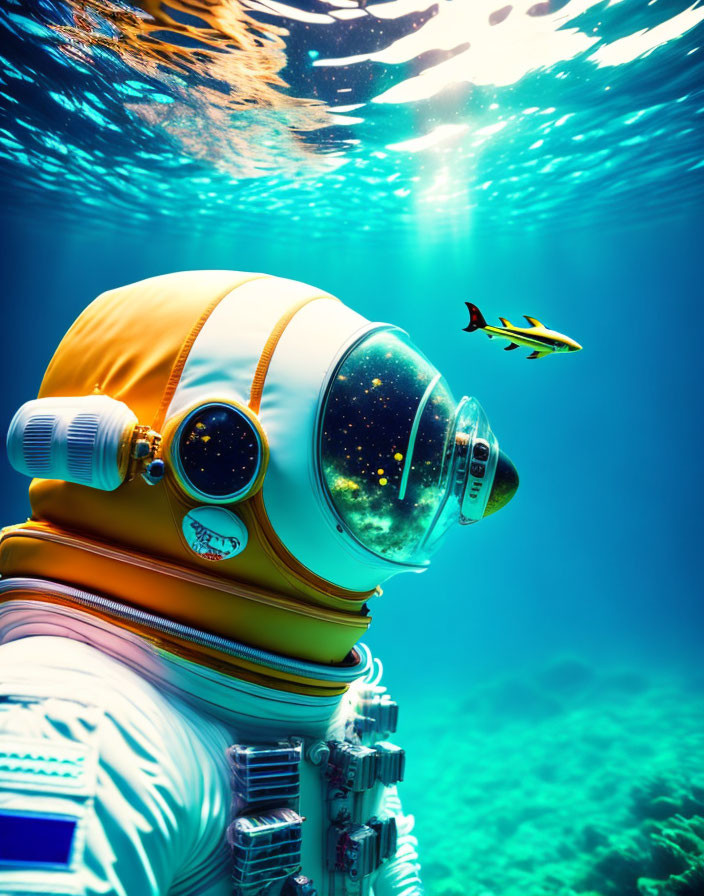 Astronaut in white space suit underwater with fish and light streaming in