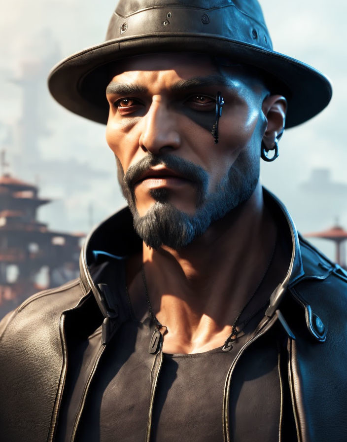 Man with Goatee and Teardrop Tattoo in Leather Jacket and Brimmed Hat in Urban Setting