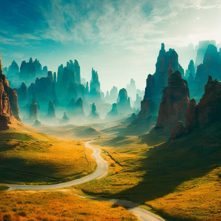 Mystical landscape with winding road and towering rock formations