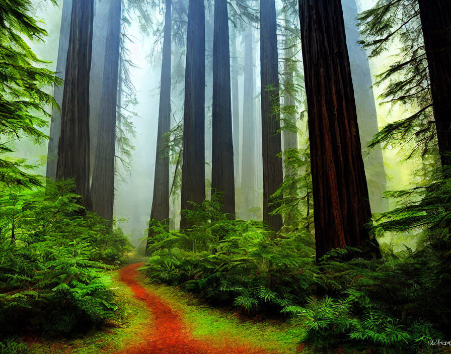 Misty Redwood Forest with Tall Trees and Ferns