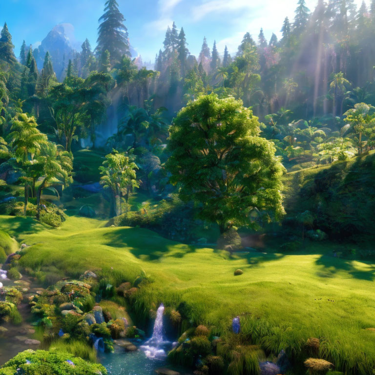 Sunlit forest with stream and greenery under sunlight beams