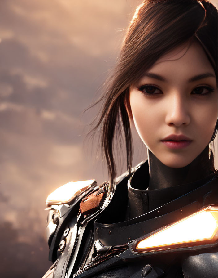 Digital artwork of woman in futuristic armor with black hair against sunset sky