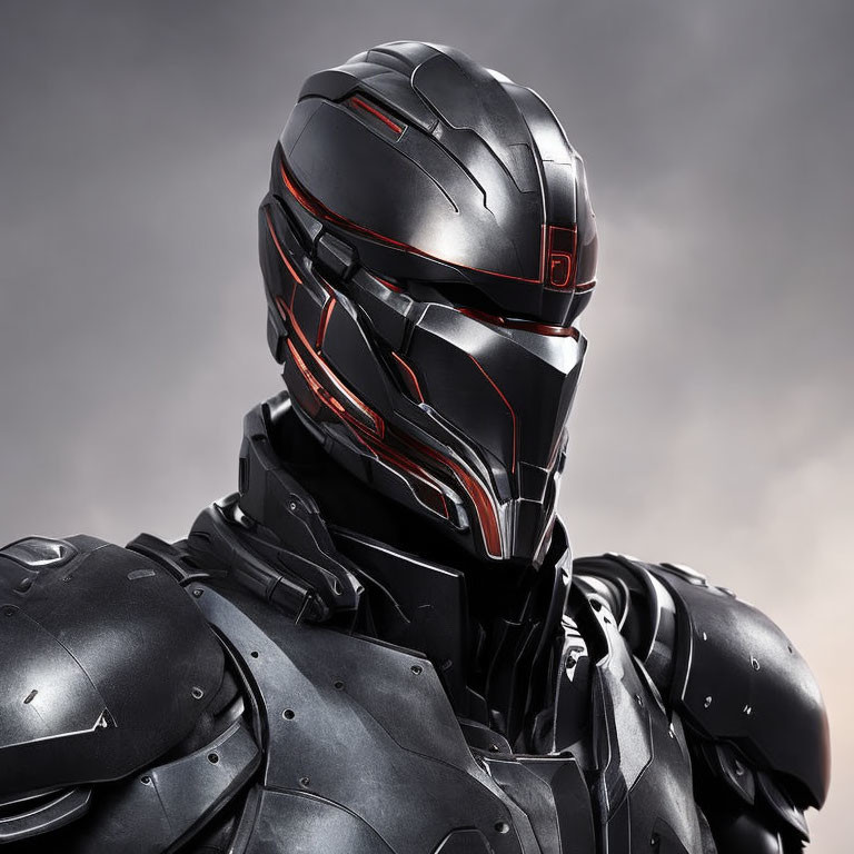 Futuristic black armored suit with red glowing accents on stormy sky backdrop