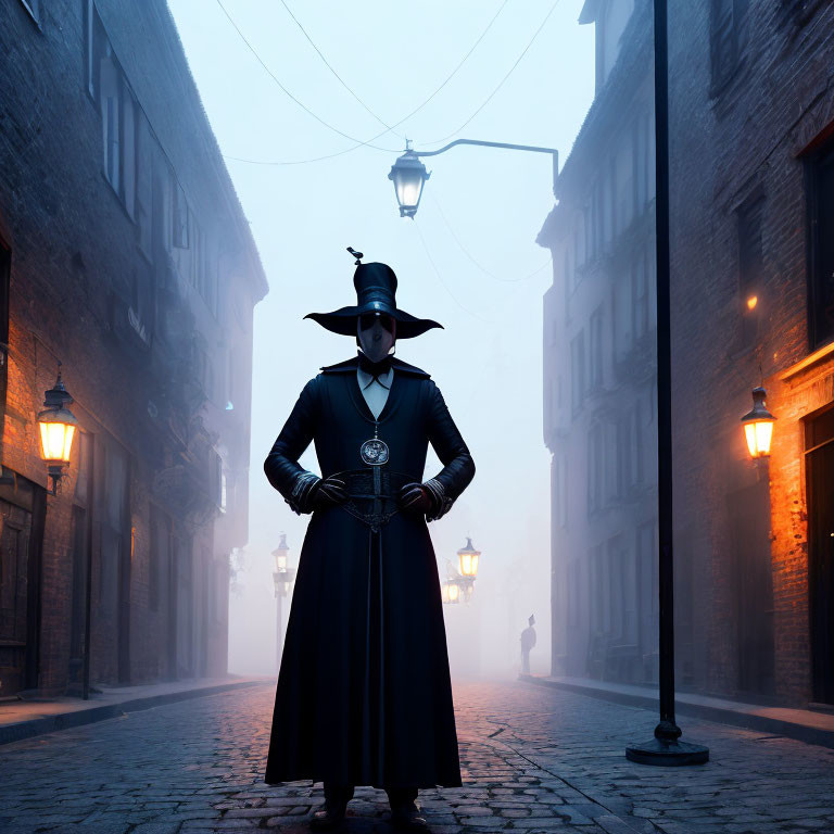 Misty cobblestone alley scene with plague doctor and crow