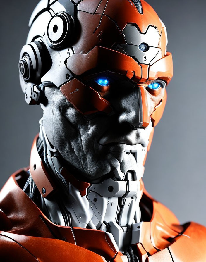 Cyborg with human-like face and blue glowing eyes in orange suit