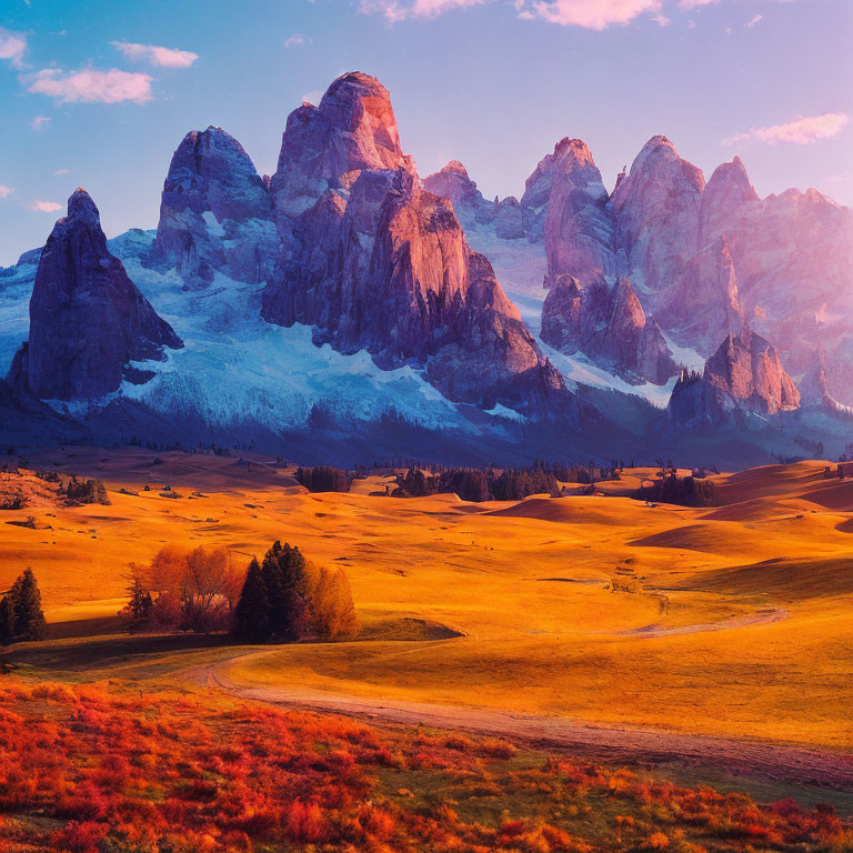 Sunlit Mountain Peaks and Golden Fields Landscape