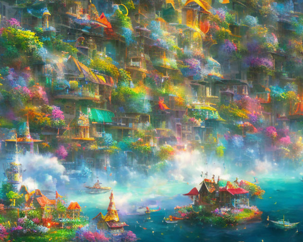 Colorful Fantasy Cityscape with Moonlit Dreamlike Atmosphere