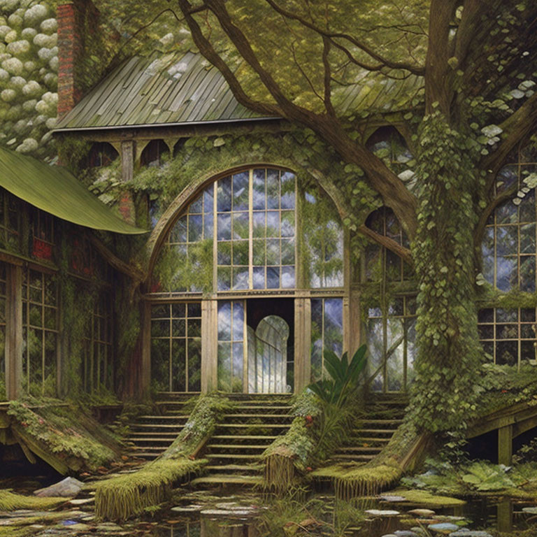 Ivy-covered abandoned glasshouse in forest setting