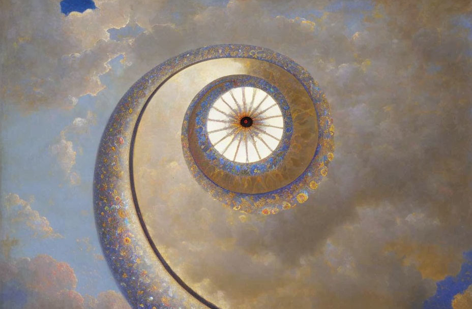 Surreal spiral staircase resembling a nautilus shell in cloudy sky