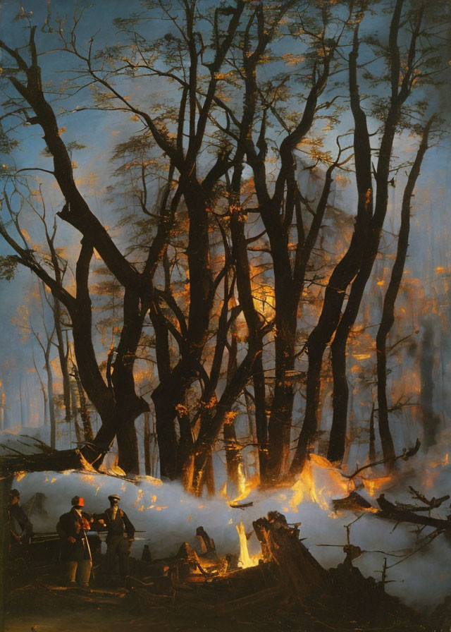 Forest fire painting with figures watching flames at night