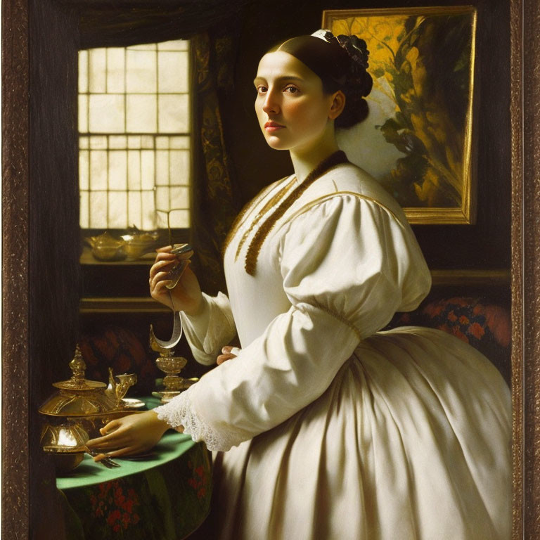 Historical woman with metallic tableware in sunlight by window