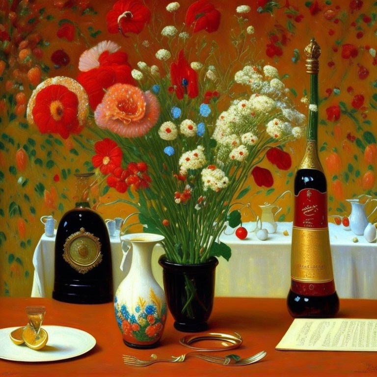 Colorful bouquet, wine bottle, glass, and letter on table against red background.