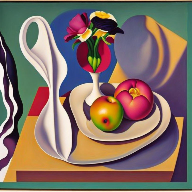 Vibrant still life painting with fruits, spoon, and flowers in a surreal style