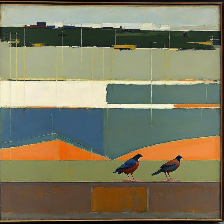 Birds perched on abstract geometric landscape.