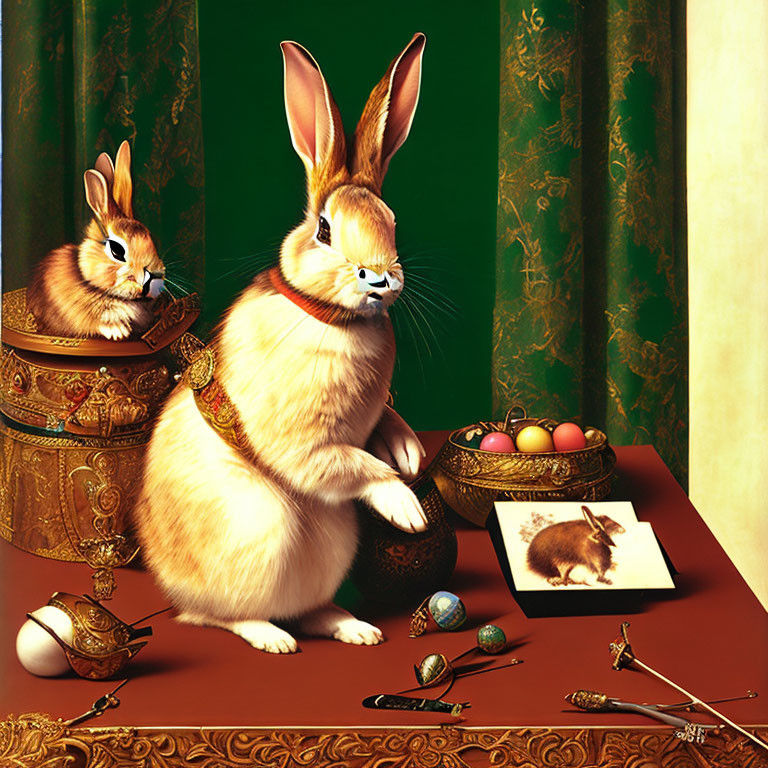 Anthropomorphic rabbits surrounded by Easter eggs and ornate objects