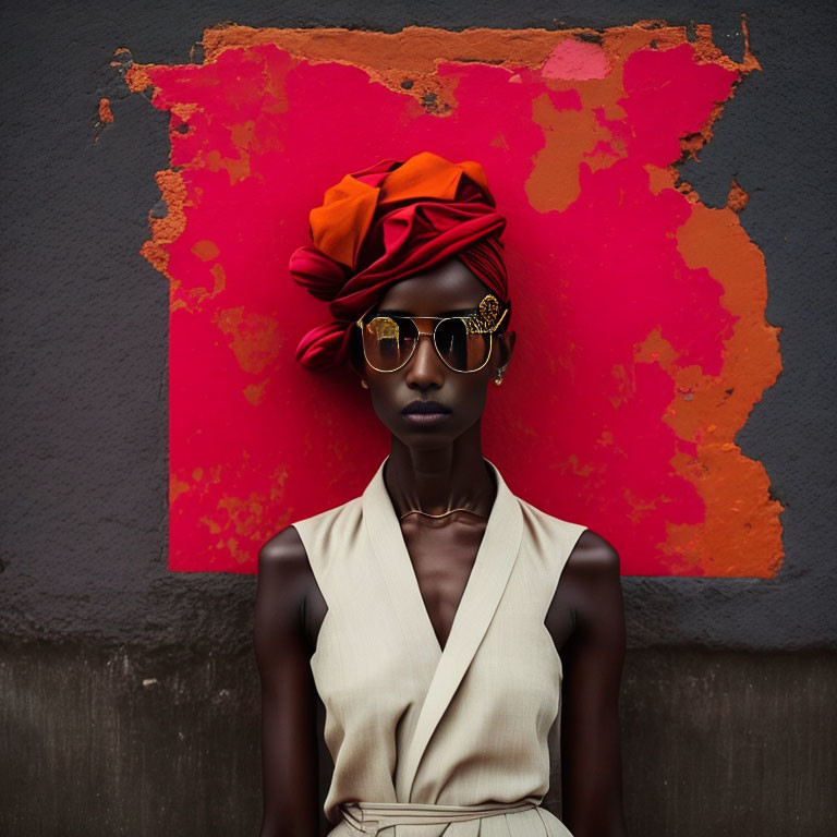 Person in orange headwrap and sunglasses against red wall.