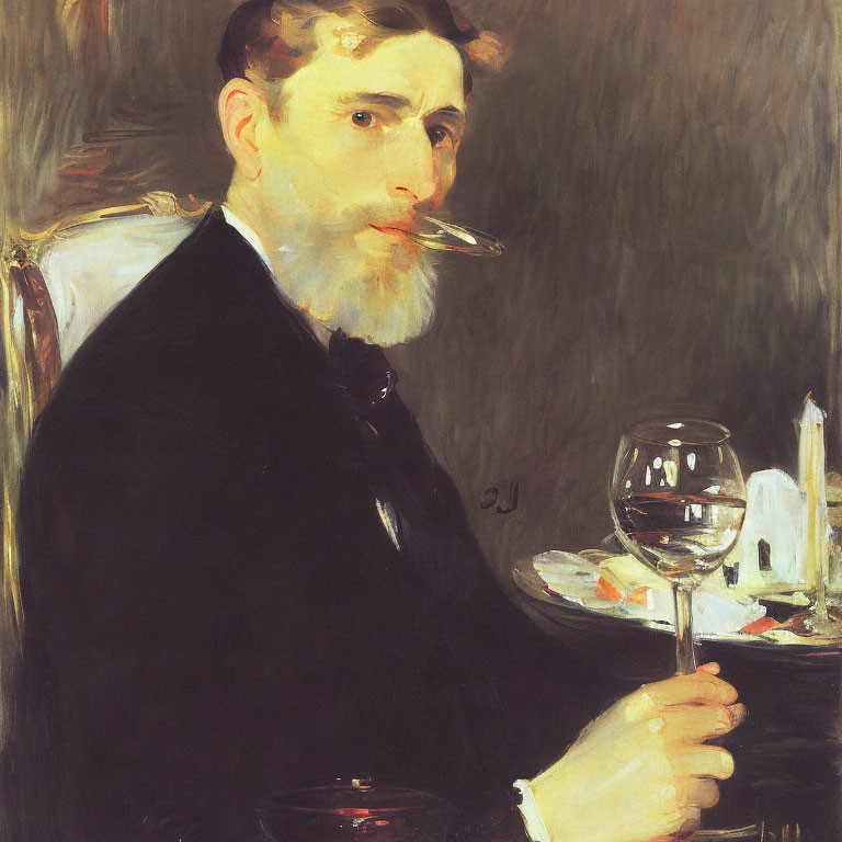 Bearded gentleman in dark suit with wine glass, meal, candles, and cigarette.